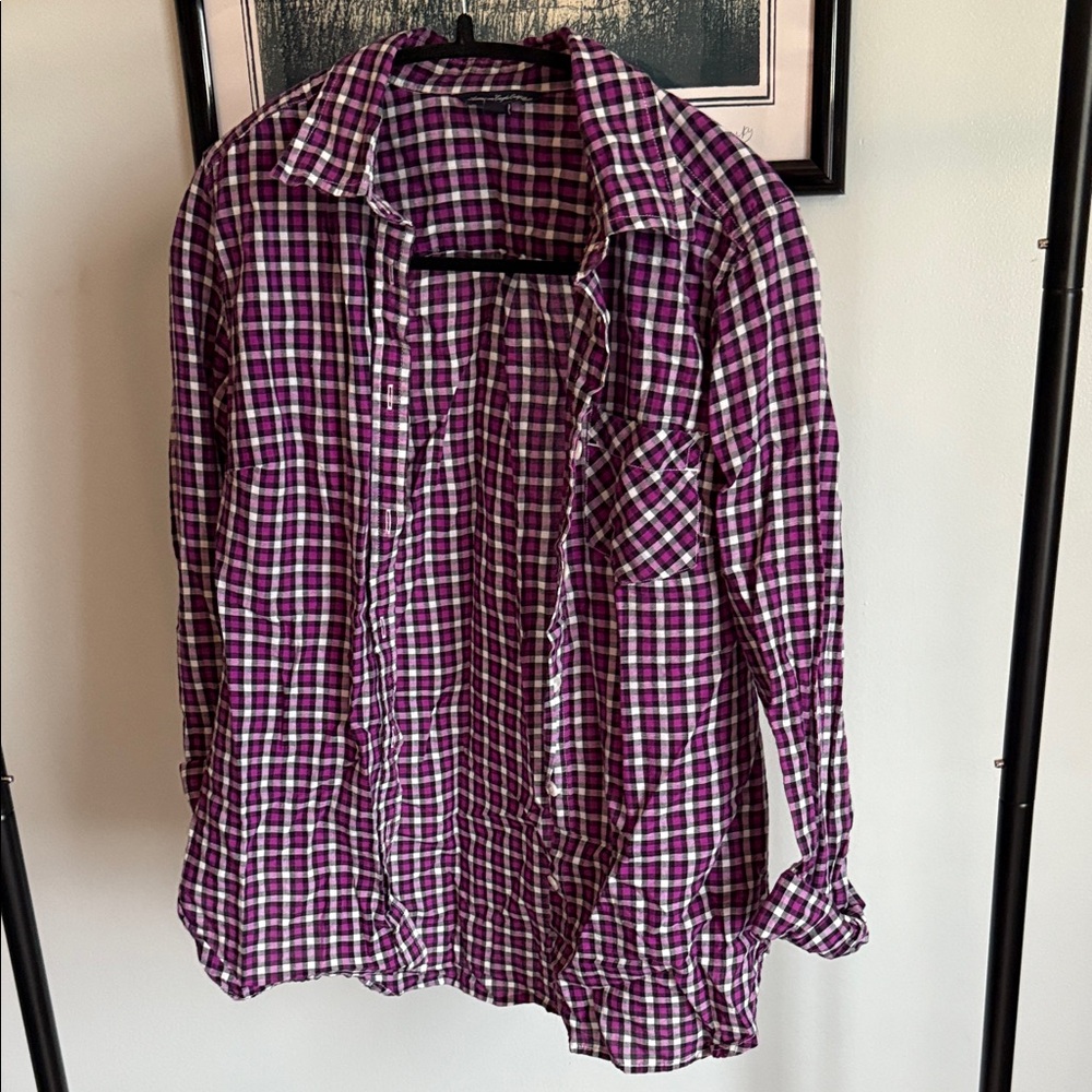 American Eagle Outfitters Purple, Black & White Plaid Shirt